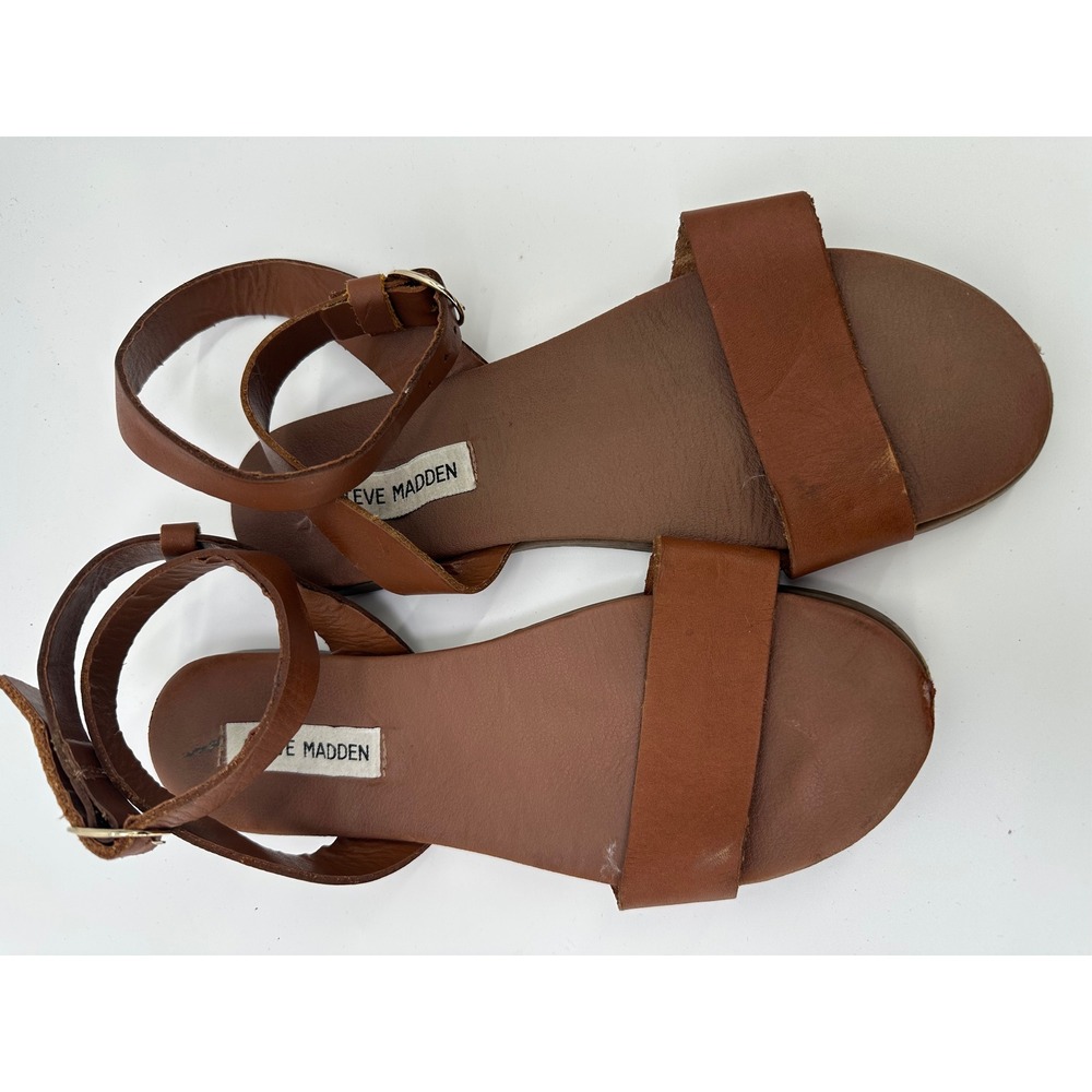 Steve Madden Womens Cognac Brown Leather Ankle Strap‎ Flat Sandals Buckle Shoes